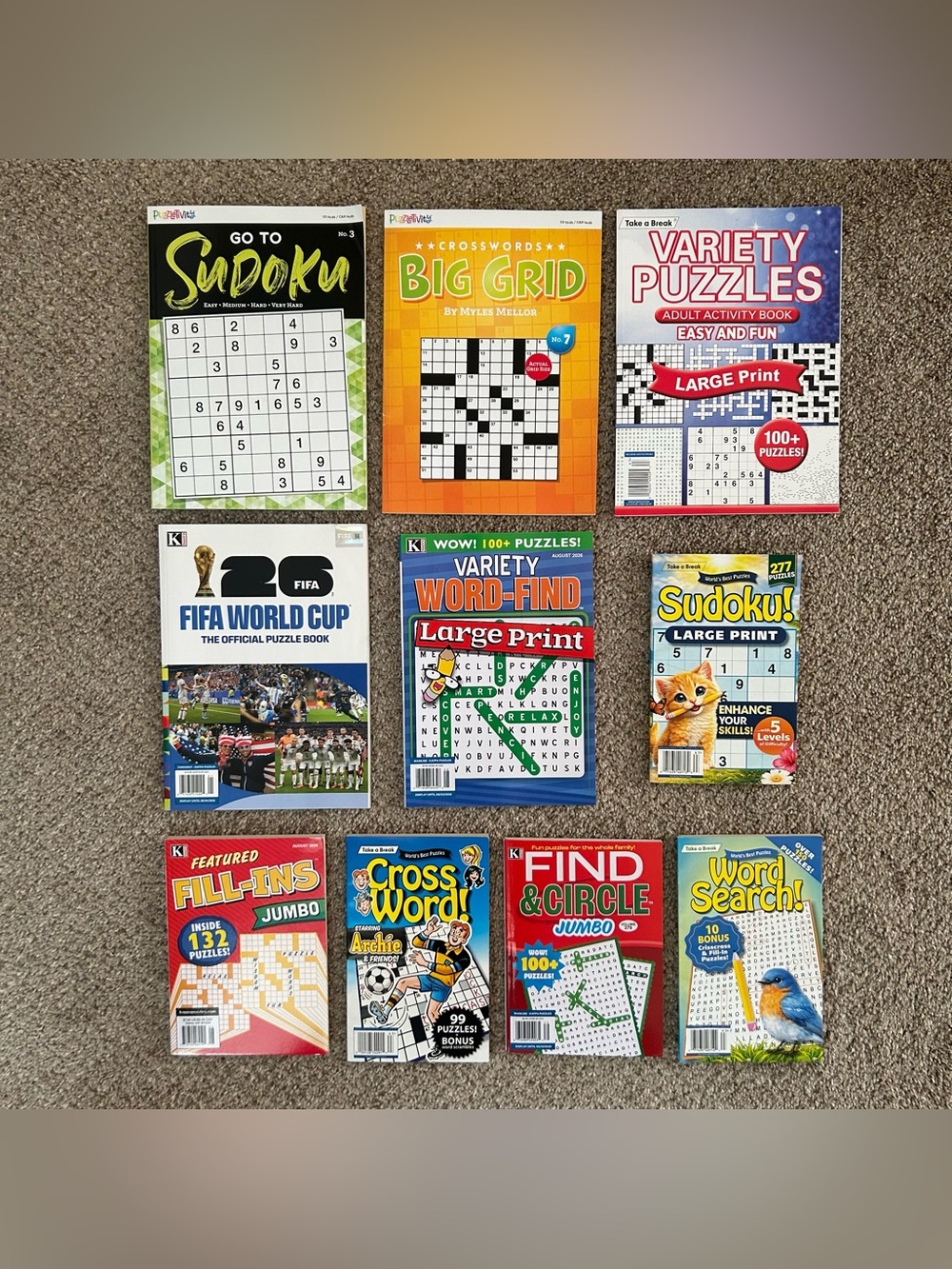 10 NEW Sudoku, Crossword, Word Search, Variety + FIFA World Cup Puzzle Books